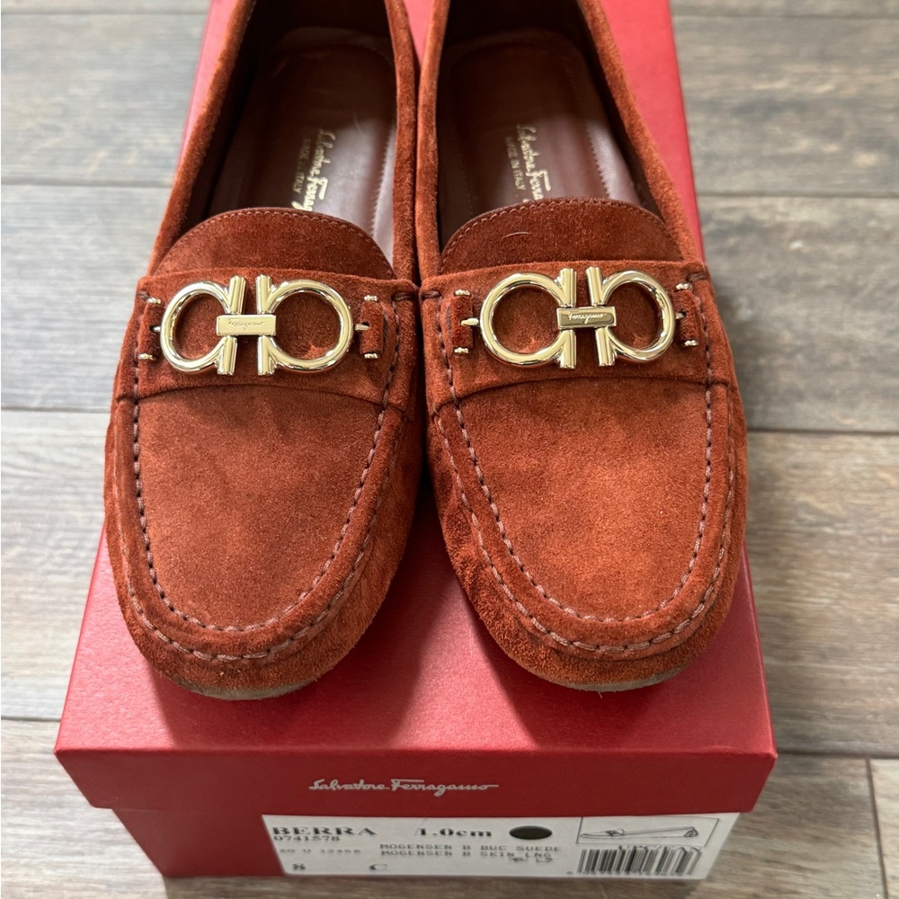 Salvatore Ferragamo Rust Suede Loafers with Gold Buckle
